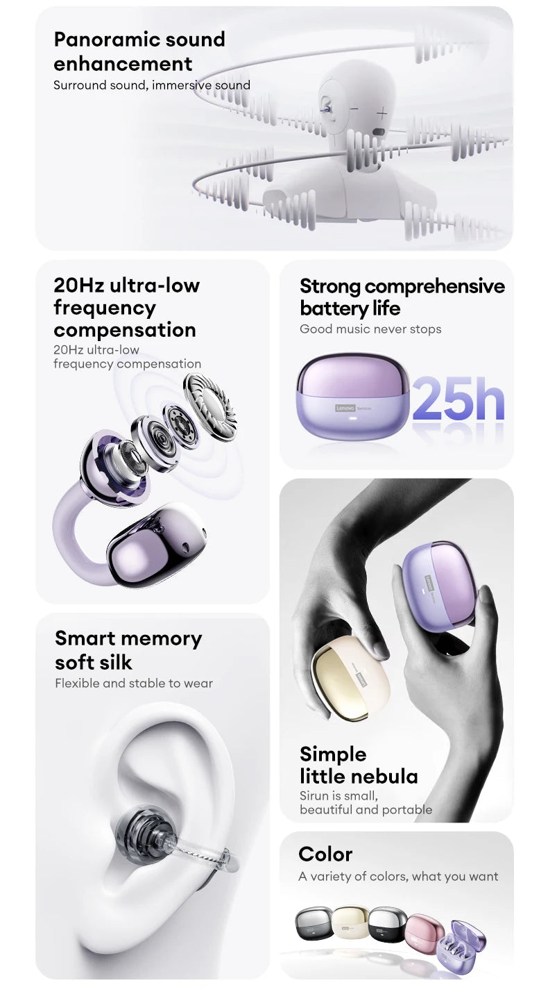 Choice Lenovo LE302 OWS Wireless Ear Clip Earbuds Bluetooth Low Latency HD Call HiFi Stereo Music Sports Open Ear Headphones New